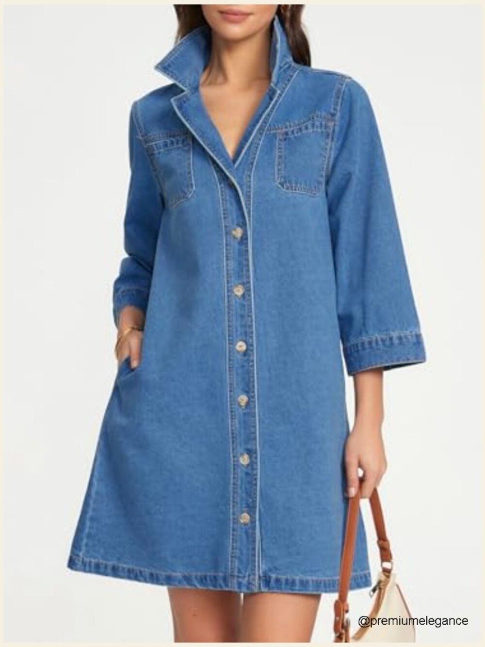 Denim Shirt Dress 3/4 Sleeve Button Down A Line Chambray with Pockets - Picture 3 of 6